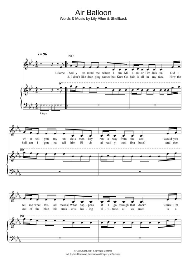 Lily Allen Air Balloon Musik Noten - Piano, Vocal & Guitar Chords - 118054-0