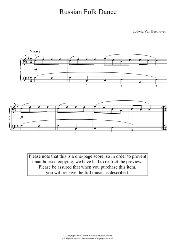 Lugwig Van Beethoven Russian Folk Dance Musik Noten - Easy Piano - 124018-0