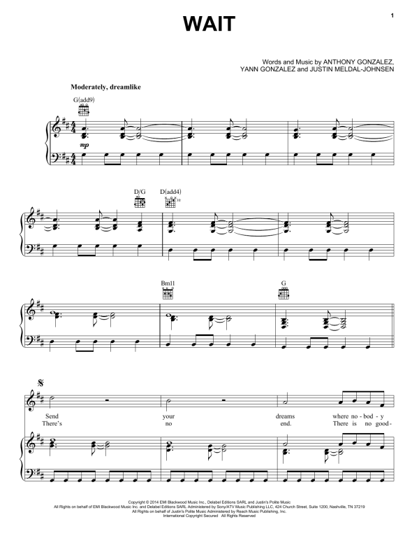 M83 Wait Musik Noten - Piano, Vocal & Guitar Chords - 155403-0
