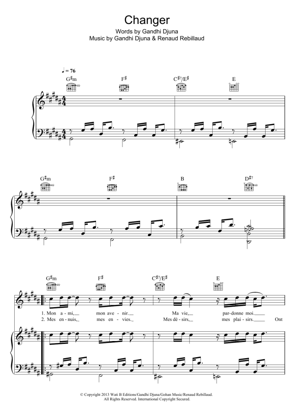 Maitre Gims Changer Musik Noten - Piano, Vocal & Guitar Chords - 119148-0
