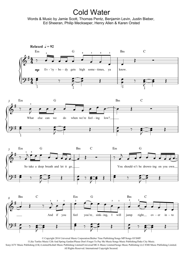 Major Lazer Cold Water (featuring Justin Bieber and MO) Musik Noten - Beginner Piano - 123740-0