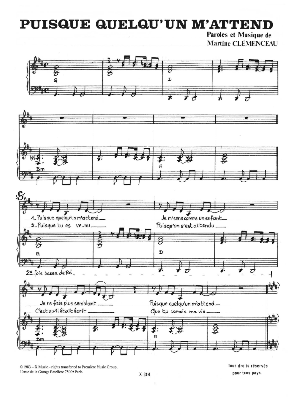 Martine Clemenceau Puisque Quelqu'un M'attend Musik Noten - Piano & Vocal - 119841-0