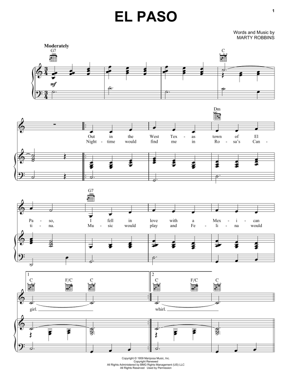 Marty Robbins El Paso Musik Noten - Piano Chords/Lyrics - 87423-0