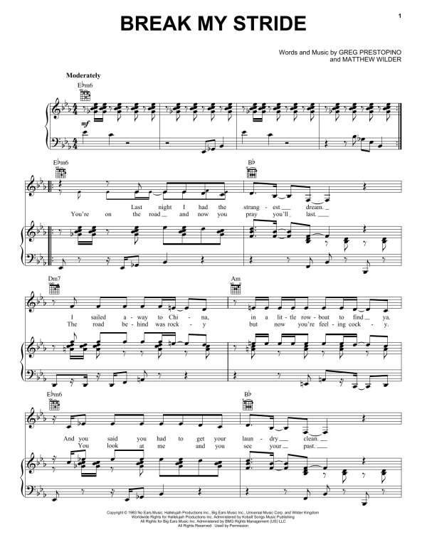 Matthew Wilder Break My Stride Musik Noten - Piano, Vocal & Guitar Chords - 160674-0