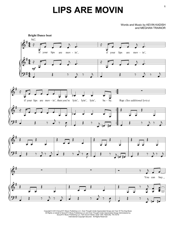Meghan Trainor Lips Are Movin Musik Noten - Piano, Vocal & Guitar Chords - 157428-0
