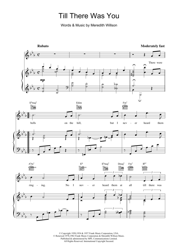 Meredith Willson Till There Was You Musik Noten - Piano Chords/Lyrics - 109742-0