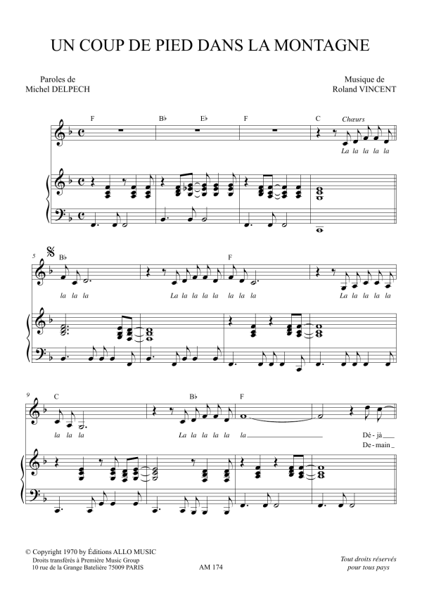 Michel Delpech Un Coup De Pied Dans La Montagne Musik Noten - Piano & Vocal - 120959-0
