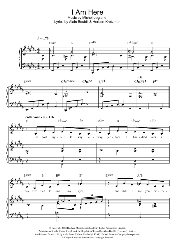 Michel LeGrand I Am Here (from 'Marguerite') Musik Noten - Piano, Vocal & Guitar Chords - 110270-0