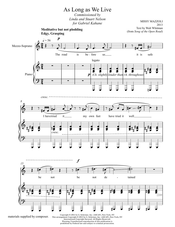 Missy Mazzoli As Long As We Live (mezzo-soprano and piano) Musik Noten - Piano & Vocal - 119197-0