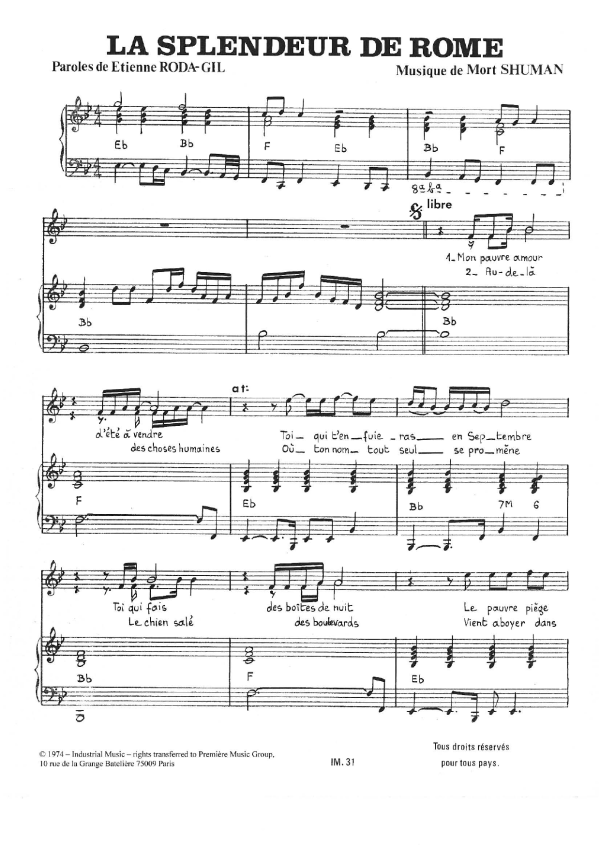 Mort Shuman La Splendeur De Rome Musik Noten - Piano & Vocal - 116651-0