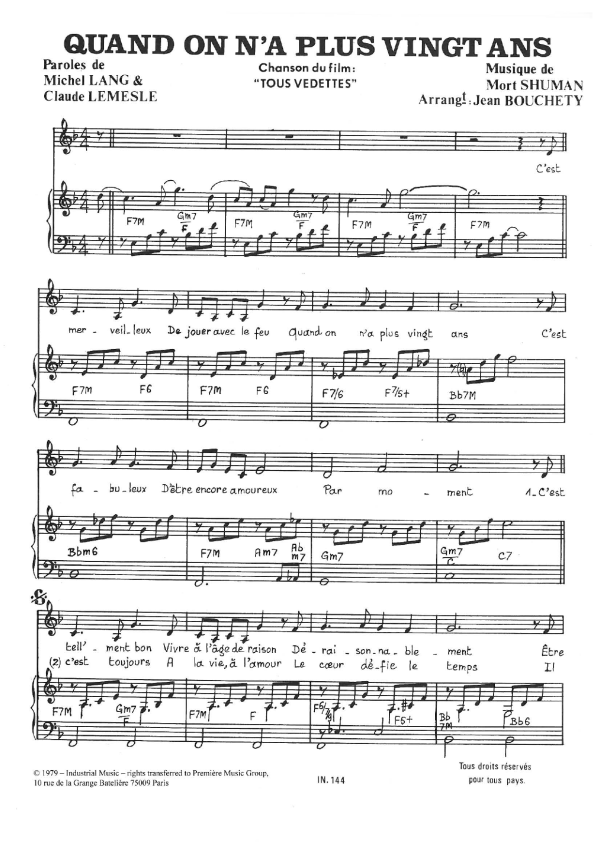 Mort Shuman Quand On A Plus Vingt Ans Musik Noten - Piano & Vocal - 116659-0