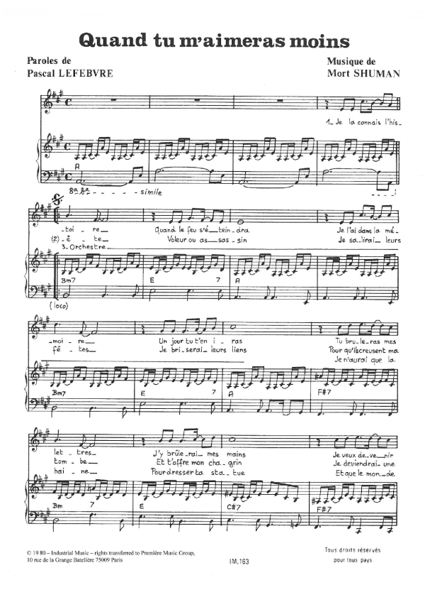 Mort Shuman Quand Tu M'aimeras Moins Musik Noten - Piano & Vocal - 116670-0
