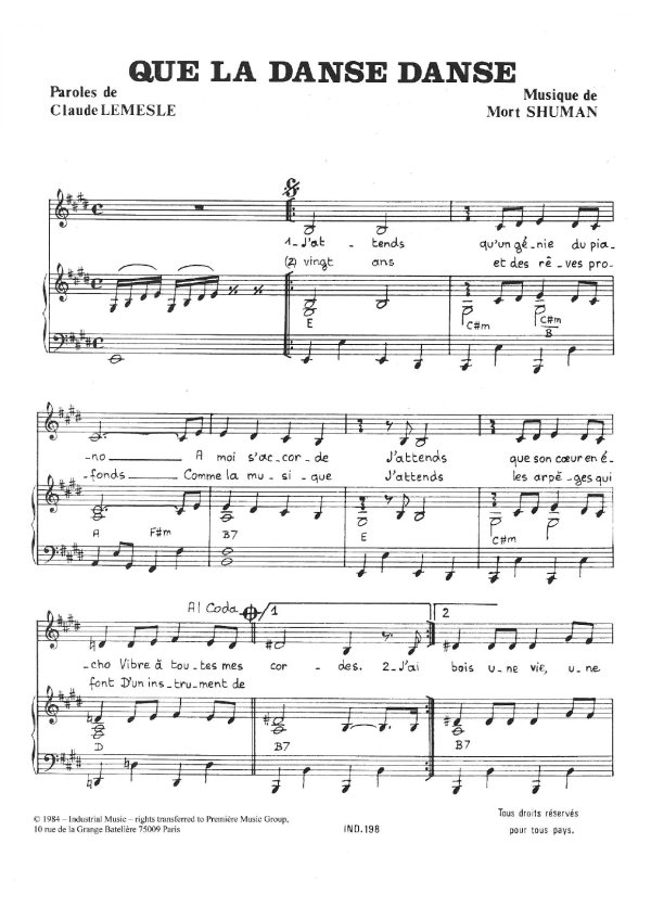 Mort Shuman Que La Danse Danse Musik Noten - Piano & Vocal - 116671-0