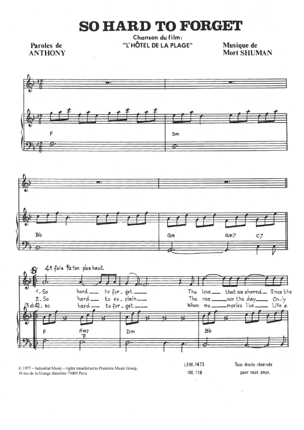 Mort Shuman So Hard To Forget Musik Noten - Piano & Vocal - 116700-0