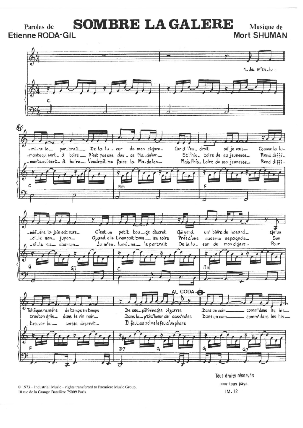Mort Shuman Sombre La Galere Musik Noten - Piano & Vocal - 116702-0