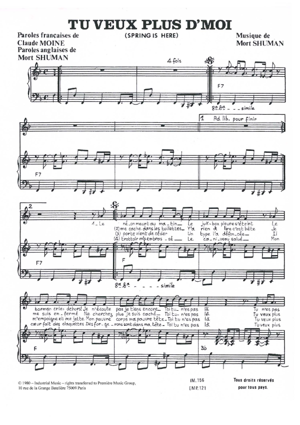 Mort Shuman Tu Veux Plus D'moi Musik Noten - Piano & Vocal - 116707-0