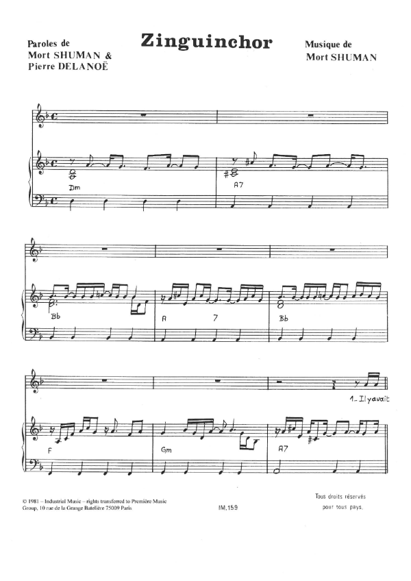Mort Shuman Zinguinchor Musik Noten - Piano & Vocal - 116709-0
