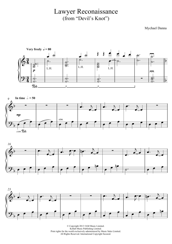 Mychael Danna Lawyer Reconnaissance (from Devil's Knot) Musik Noten - Piano Solo - 124031-0