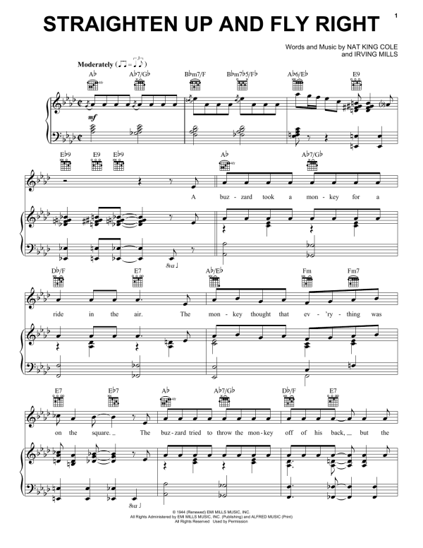 Nat King Cole Straighten Up And Fly Right Musik Noten - Piano, Vocal & Guitar Chords - 158720-0
