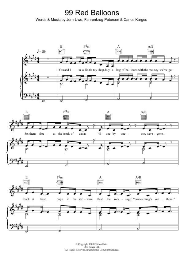 Nena 99 Red Balloons Musik Noten - Piano, Vocal & Guitar Chords - 122557-0