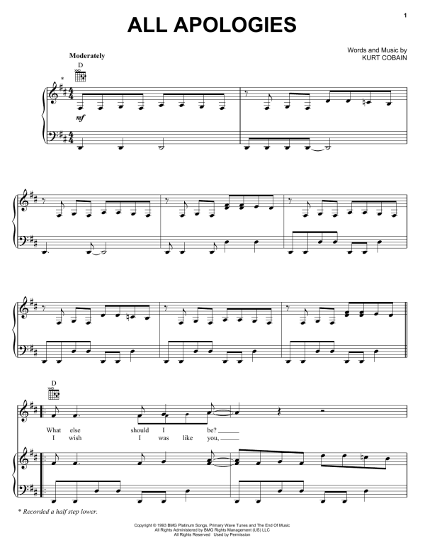 Nirvana All Apologies Musik Noten - Guitar Chords/Lyrics - 153161-0