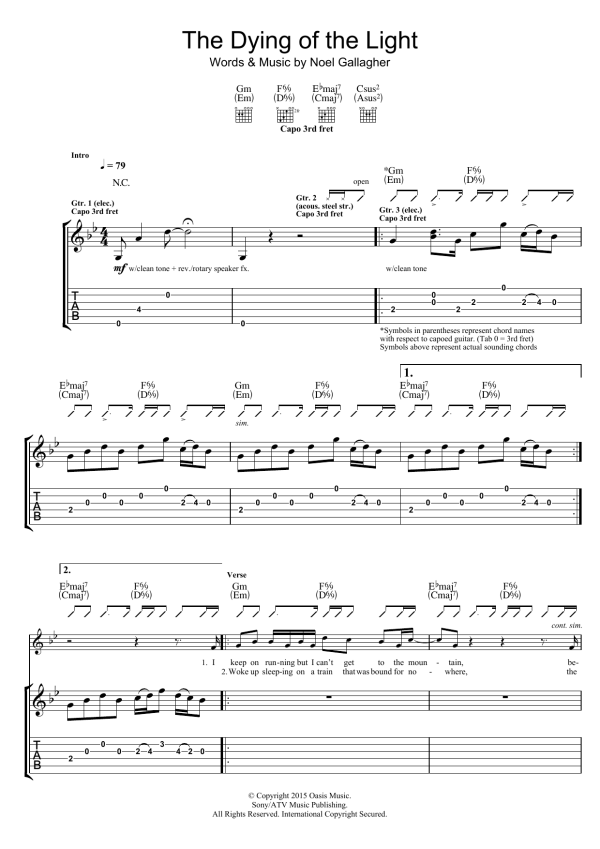 Noel Gallagher's High Flying Birds The Dying Of The Light Musik Noten - Guitar Tab - 120907-0