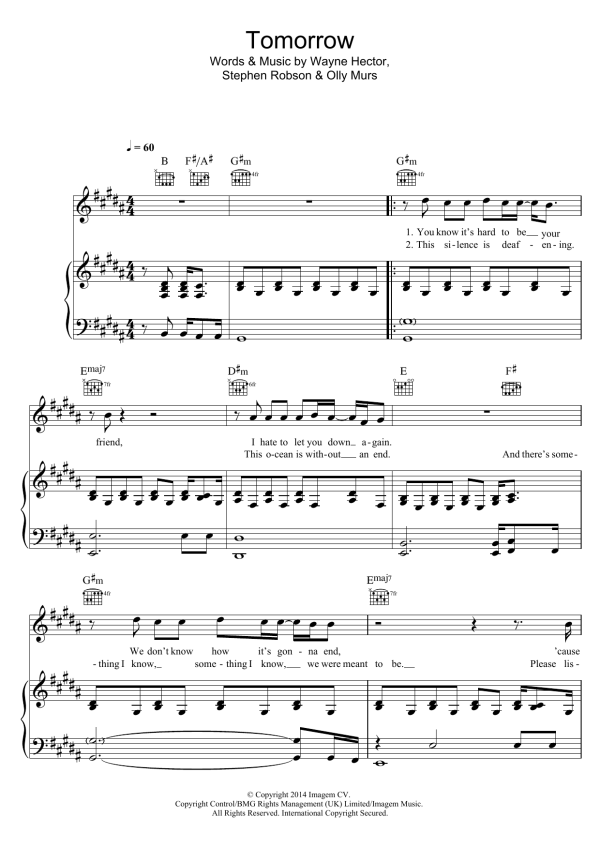 Olly Murs Tomorrow Musik Noten - Piano, Vocal & Guitar Chords - 120275-0