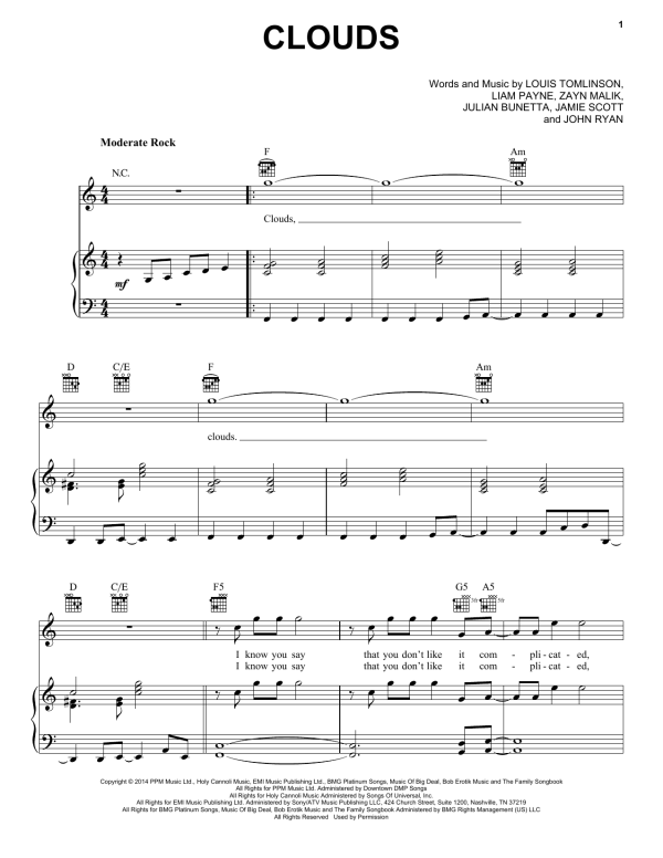 One Direction Clouds Musik Noten - Piano, Vocal & Guitar Chords - 157536-0