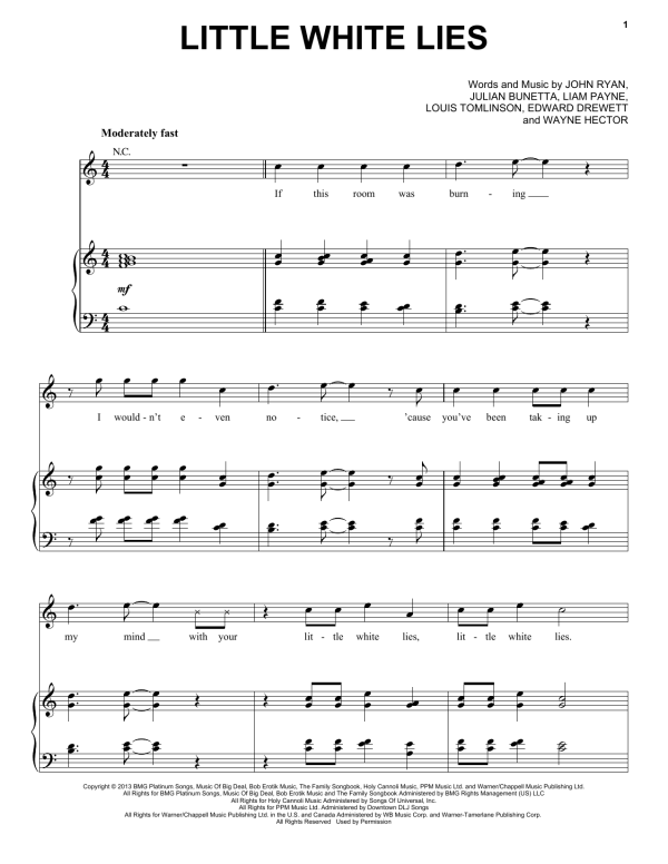 One Direction Little White Lies Musik Noten - Piano, Vocal & Guitar Chords - 155418-0