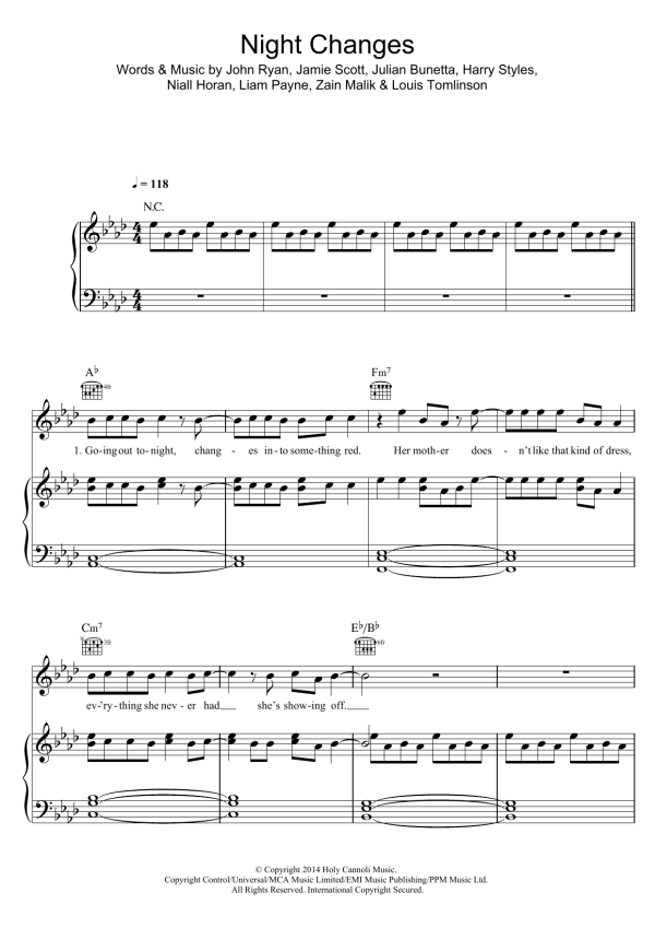 One Direction Night Changes Musik Noten - Piano, Vocal & Guitar Chords - 157529-0