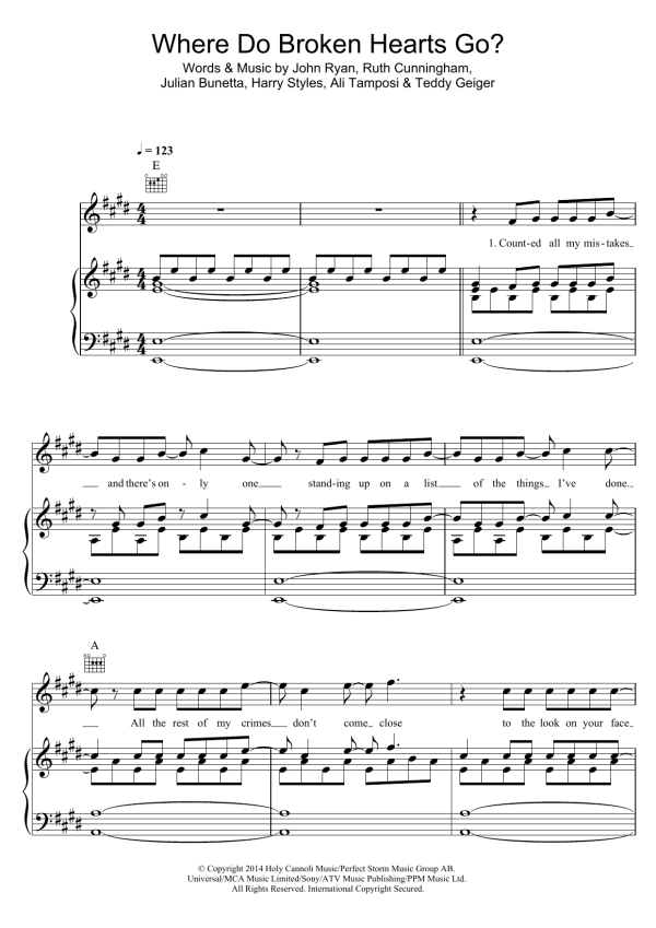 One Direction Where Do Broken Hearts Go Musik Noten - Piano, Vocal & Guitar Chords - 120006-0
