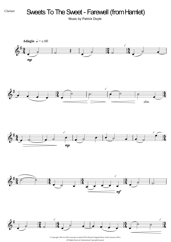 Patrick Doyle Sweets To The Sweet - Farewell (from Hamlet) Musik Noten - Piano Chords/Lyrics - 117510-0