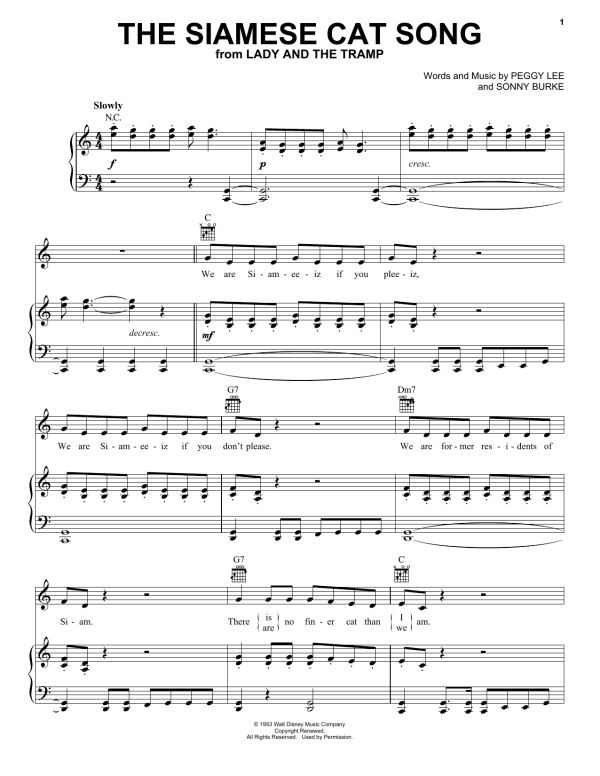 Peggy Lee The Siamese Cat Song (from Lady And The Tramp) Musik Noten - Easy Piano - 150793-0