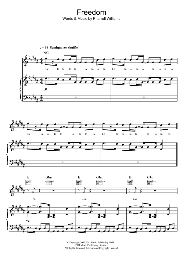 Pharrell Williams Freedom Musik Noten - Piano, Vocal & Guitar Chords - 121719-0