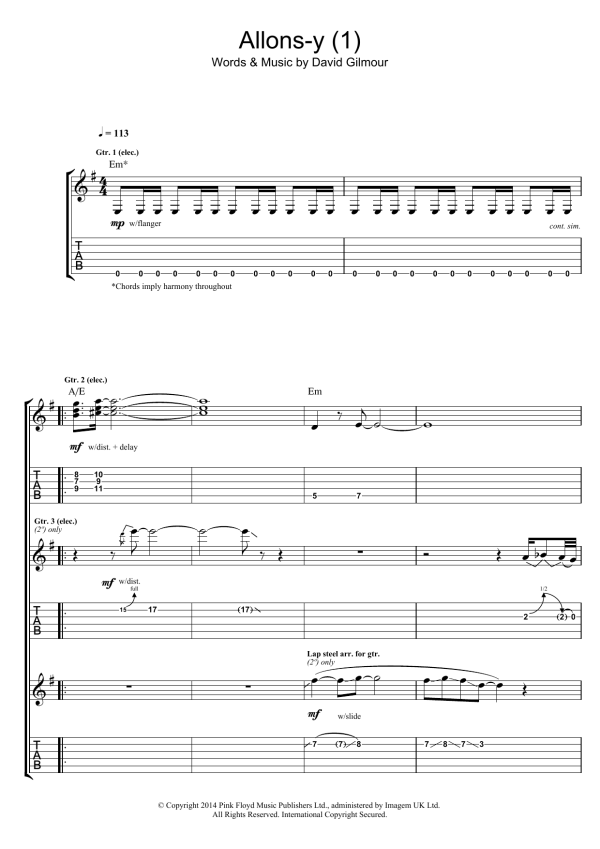 Pink Floyd Allons Y (Part 1) Musik Noten - Guitar Tab - 120153-0