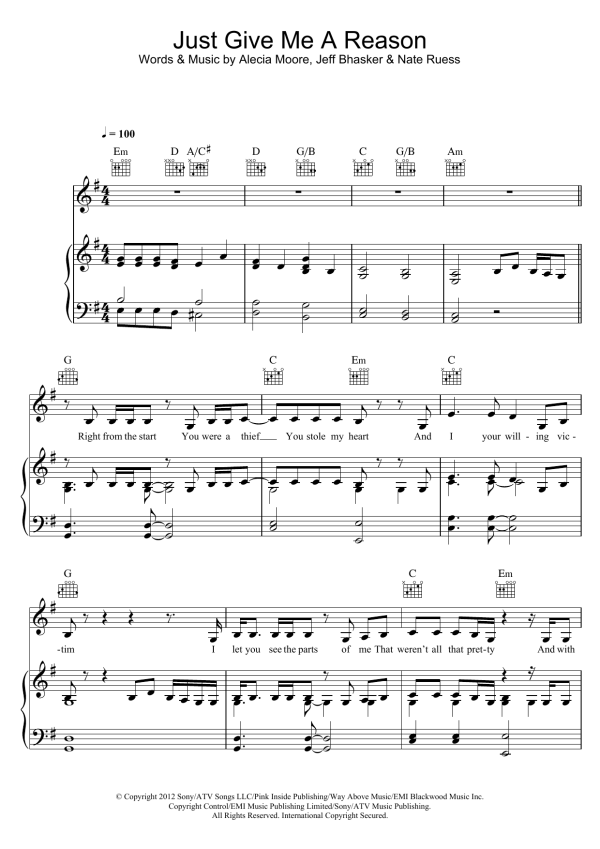Pink Just Give Me A Reason (featuring Nate Ruess) Musik Noten - Piano Chords/Lyrics - 117754-0