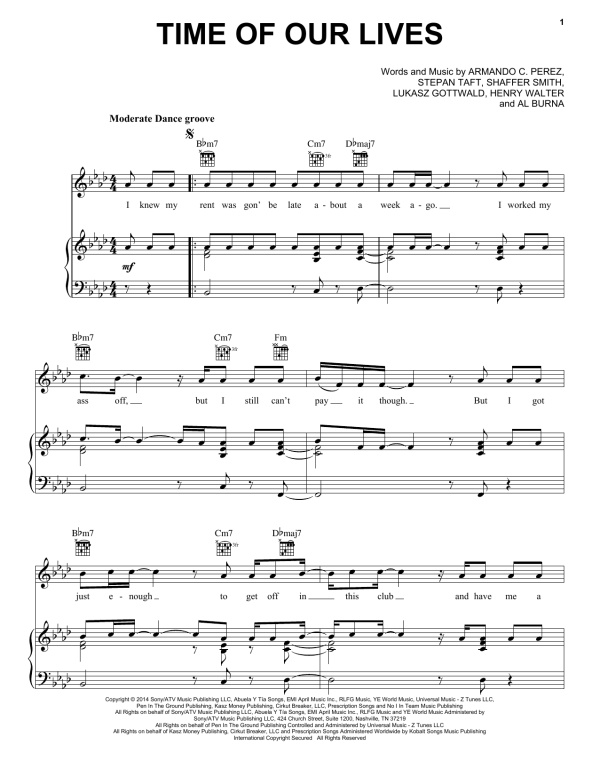 Pitbull & Ne-Yo Time Of Our Lives Musik Noten - Piano, Vocal & Guitar Chords - 158440-0