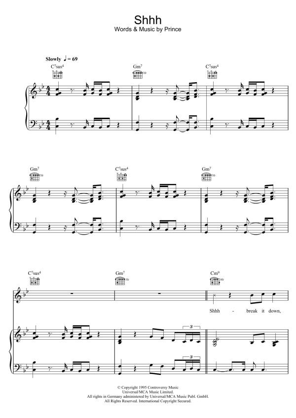 Prince Shhh Musik Noten - Piano, Vocal & Guitar Chords - 123424-0