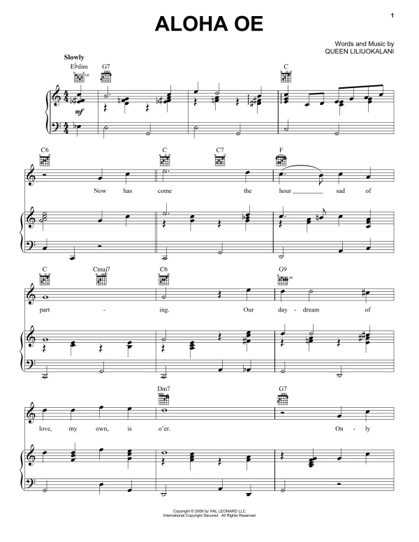 Queen Liliuokalani Aloha Oe Musik Noten - Ukulele Chords/Lyrics - 95114-0
