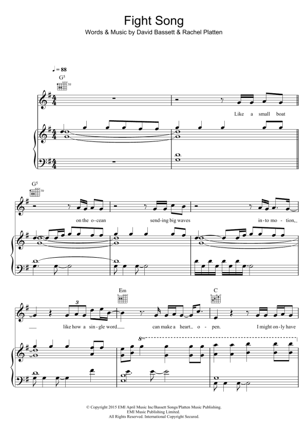 Rachel Platten Fight Song Musik Noten - Piano, Vocal & Guitar Chords - 122176-0