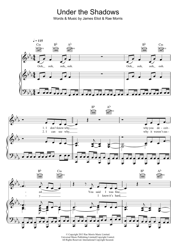 Rae Morris Under The Shadows Musik Noten - Piano, Vocal & Guitar Chords - 120398-0