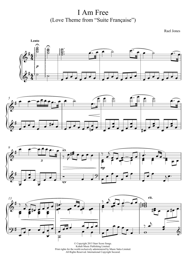 Rael Jones I Am Free (Love Theme from Suite Francaise) Musik Noten - Piano Solo - 124032-0