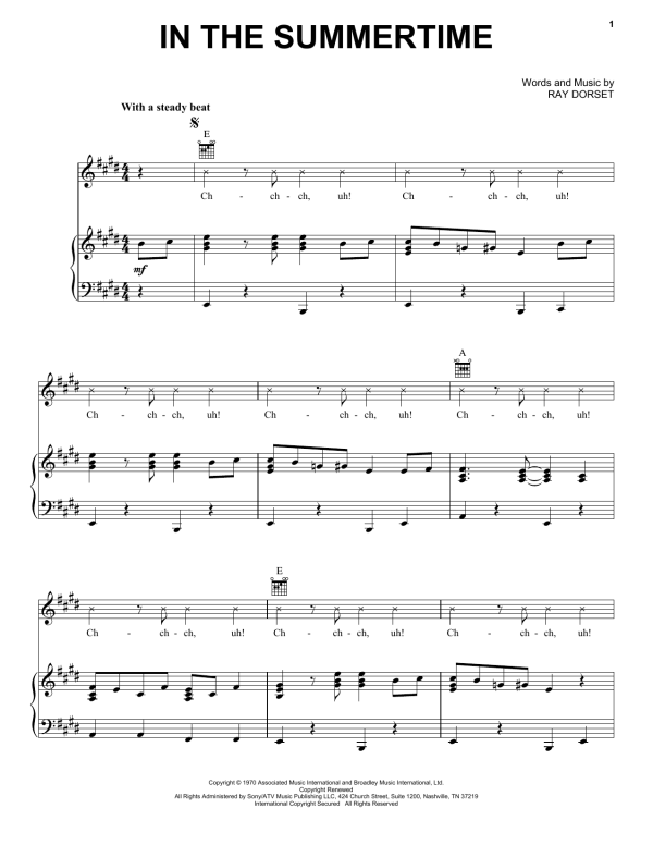 Ray Dorset In The Summertime Musik Noten - Piano, Vocal & Guitar Chords - 178274-0