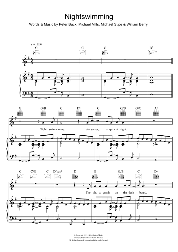 R.E.M. Nightswimming Musik Noten - Piano, Vocal & Guitar Chords - 111206-0