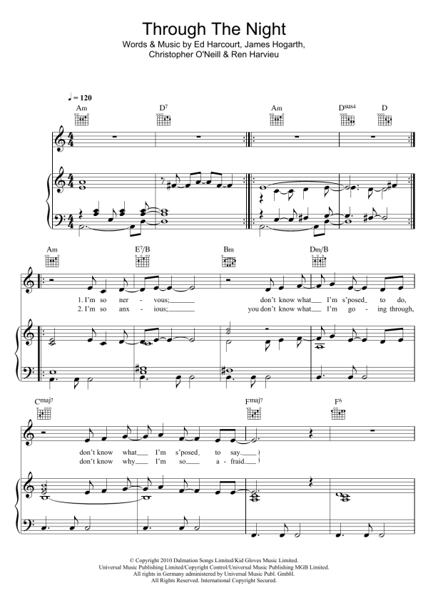 Ren Harvieu Through The Night Musik Noten - Piano, Vocal & Guitar Chords - 117097-0