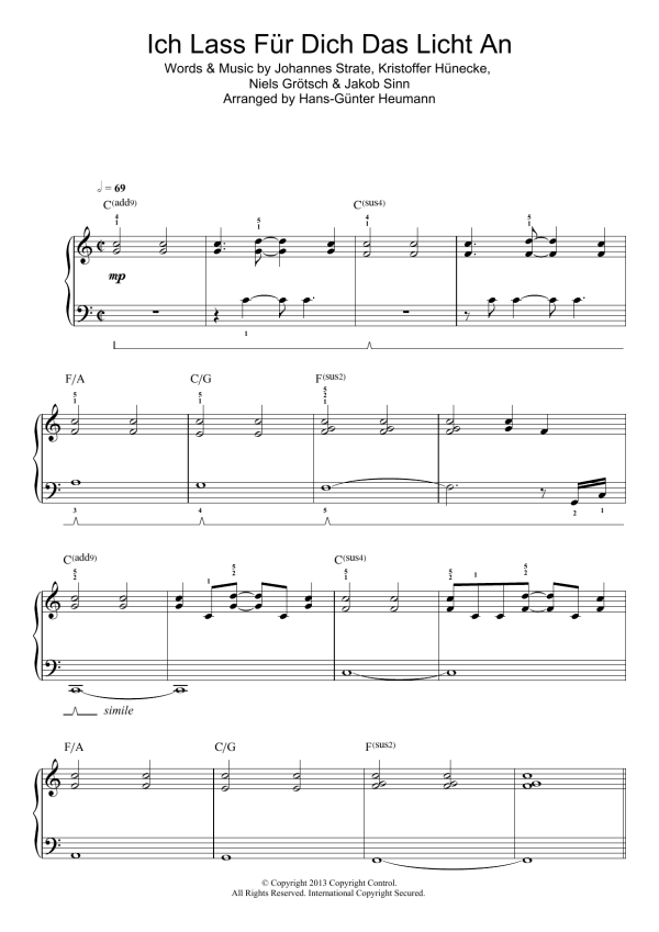 Revolverheld Ich Lass Fur Dich Das Licht An Musik Noten - Easy Piano - 124036-0