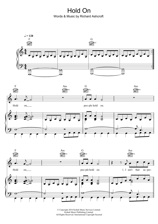 Richard Ashcroft Hold On Musik Noten - Piano, Vocal & Guitar Chords - 123397-0