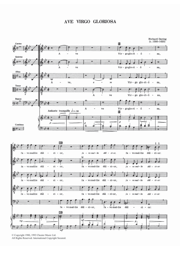 Richard Dering Ave Virgo Gloriosa Musik Noten - Piano, Vocal & Guitar Chords - 122033-0