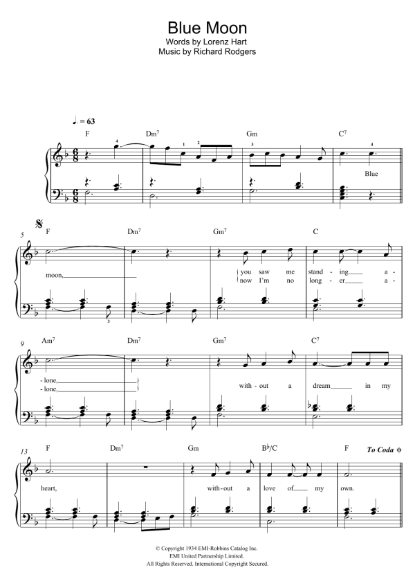 Rodgers And Hart Blue Moon Musik Noten - Easy Piano - 119793-0