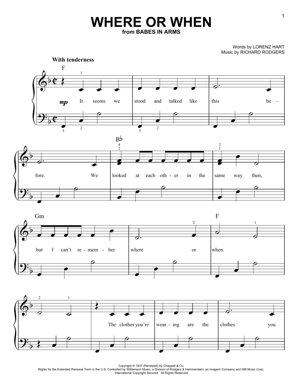 Rodgers & Hart Where Or When Musik Noten - Easy Piano - 103962-0